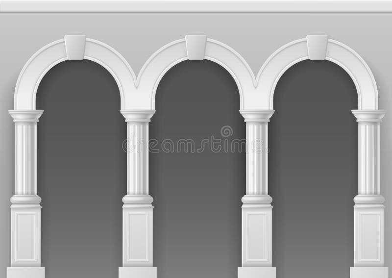 Antique arcade. Architecture arch with stone pillars, classic roman or greek palace interior with columns, castle facade