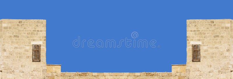 Antique architecture pattern concept old stone building frame work exterior facade on blue sky background wallpaper pattern space