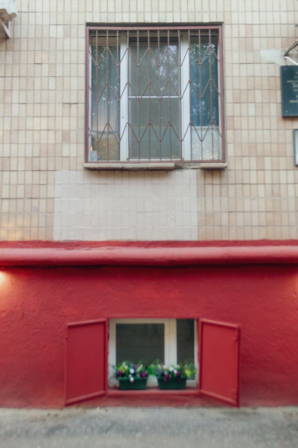 Antique Basement Window. Flowers on the Window. Red Wall Stock Image
