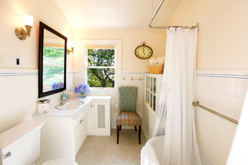 Antique bathroom with white curtain