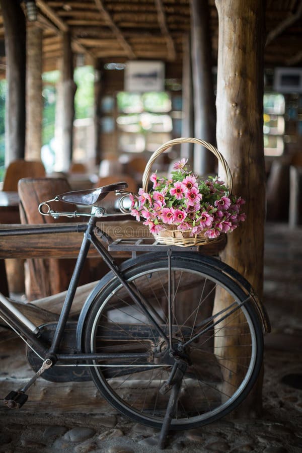 Antique Bicycle with a Flower Basket Stock Image Image of color
