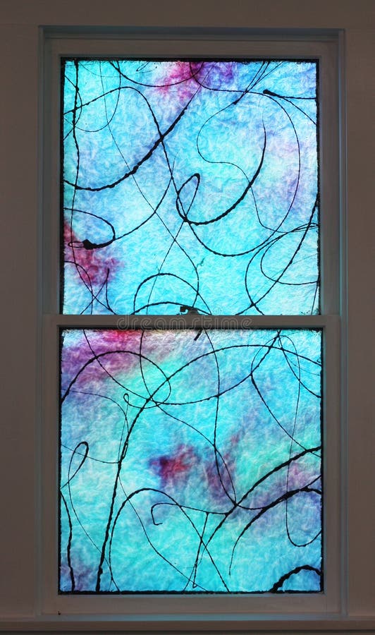 Antique Blue Glass with Black Paint Splashed on Surface and Light