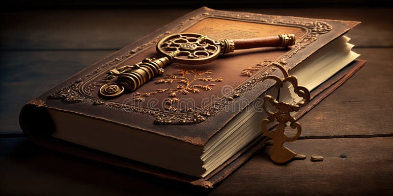 Antique book on wooden table with vintage key, Generative AI. Key generative illustrations