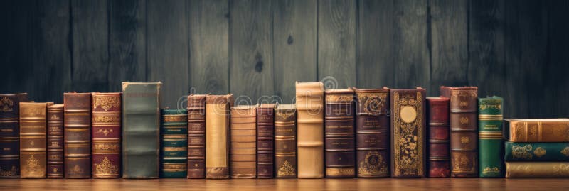 Antique Books Of An Old Vintage Library Stack Of Antique Books On An Old Wooden Table In A Fantasy M