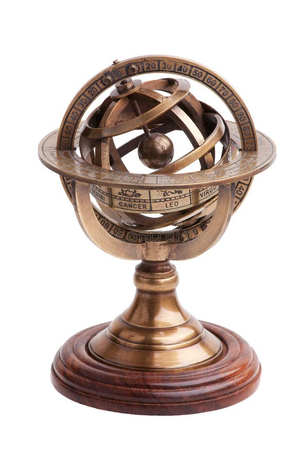 Antique brass armillary sphere on a wooden stand