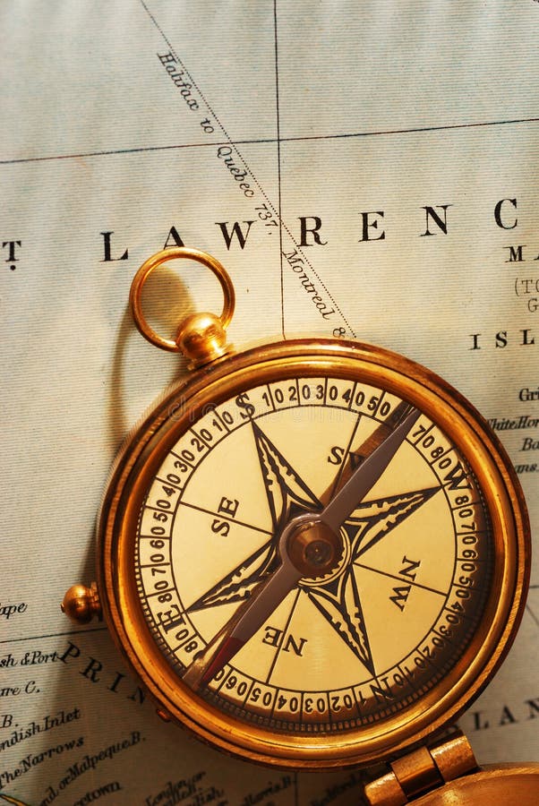 Antique Brass Compass Over Old Canadian Map Stock Image Image of