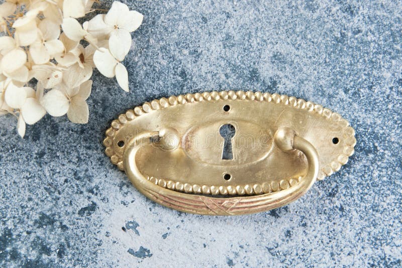 Antique brass drawer pull knob stock image