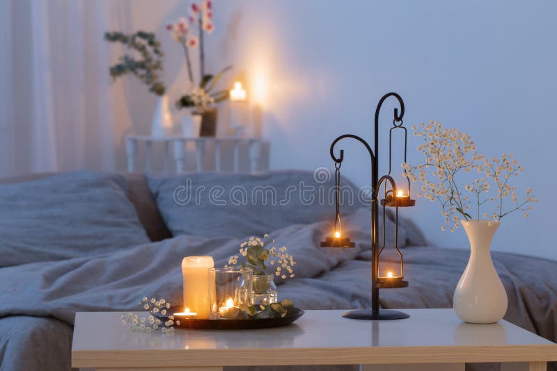 Candlestick with Burning Candles in Bedroom Stock Image Image of cozy
