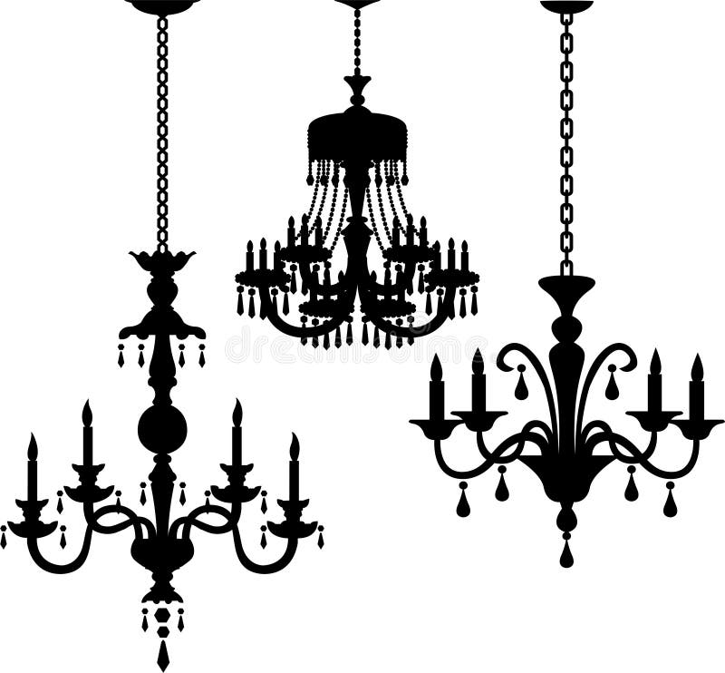 Silueta ilustraciones de tres colgante candelabros.