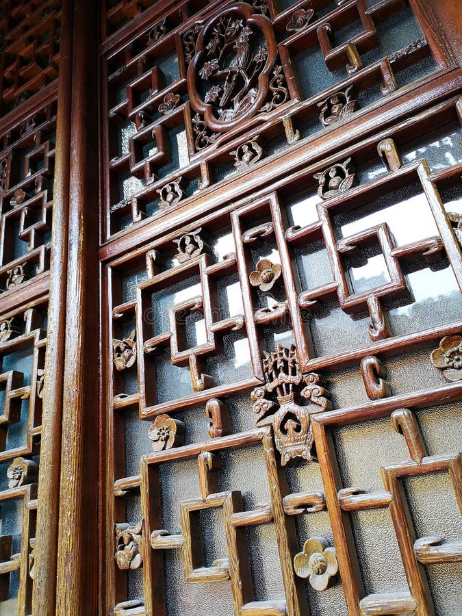 Antique Chinese carved wooden window, China