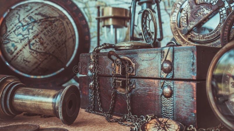 Antique Compass, Watch Necklace, Telescope, Wooden Treasure Box And Globe Model Pirate Collection Photos