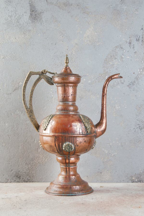 Antique Copper Jug with Lid on Concret Background Stock Image Image