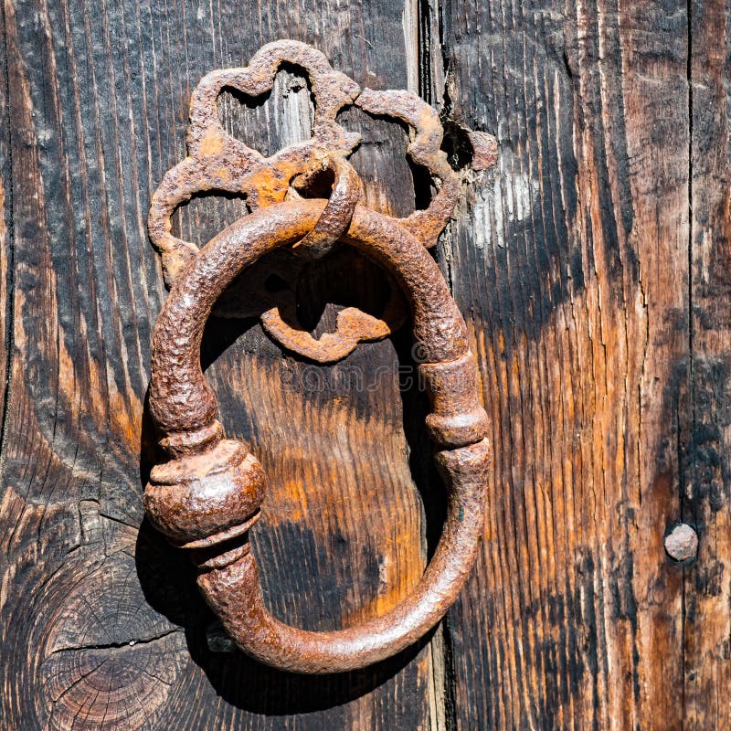 Antique Decorated Iron Ring On Wooden Door Stock Image Image Of