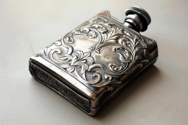 Antique engraved silver flask is lying on a table stock images