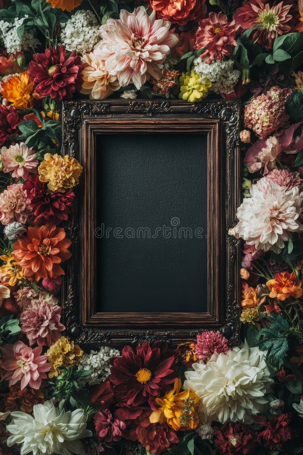 An antique floral border set against a sophisticated dark background stock photo