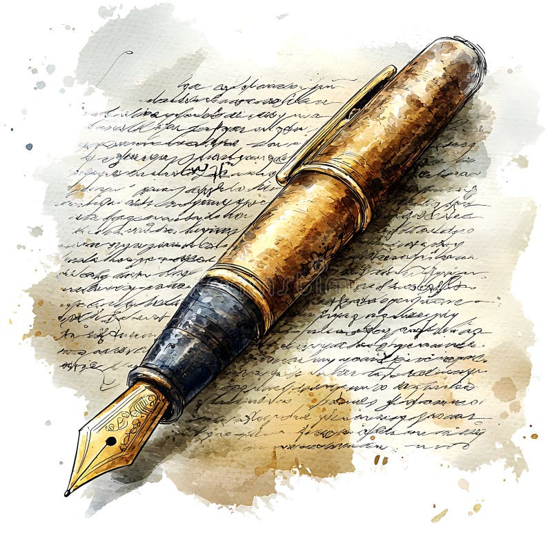 Antique Gold Fountain Pen on Aged Handwriting Letter Eine detaillierte Abbildung eines klassischen Schreibinstruments, das auf ein vektor abbildung