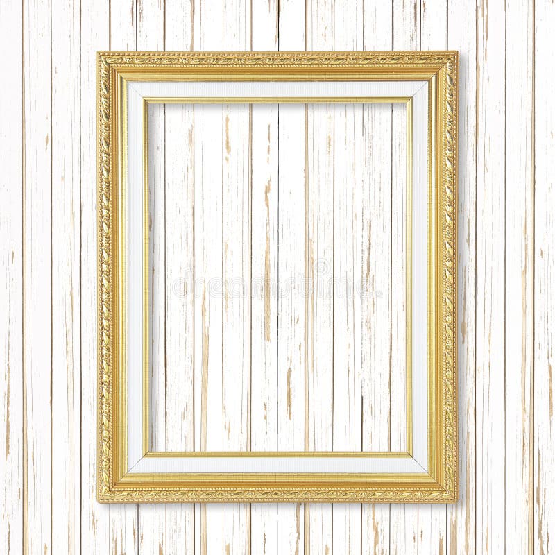 Antique Gold Frame on White Wooden Wall ;. Empty Picture Frame O Stock
