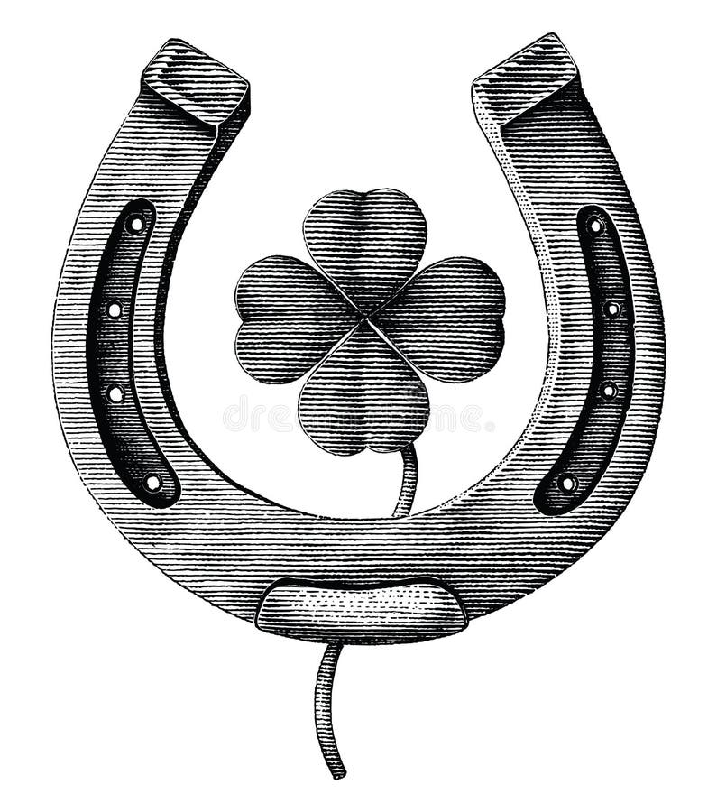 Antique of Horseshoe and clover leaf hand draw illustration vintage engraving style isolated on white background royalty free illustration Antique of Horseshoe and clover leaf hand draw illustration vintage engraving style isolated on white background royalty free illustration