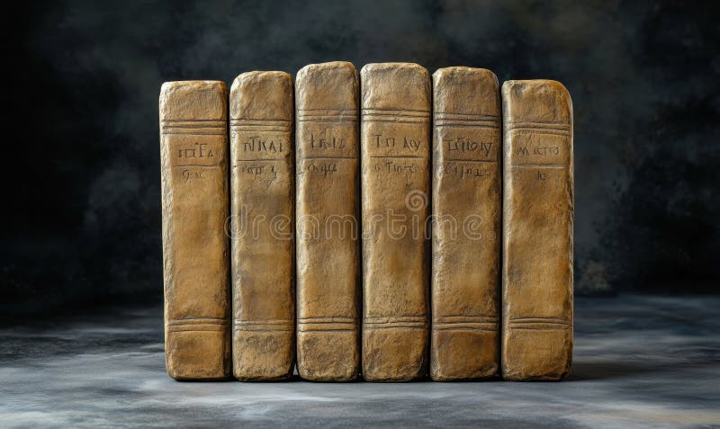 Antique leather-bound books lined up on a dark textured background, showcasing intricate spine details and aged stock images