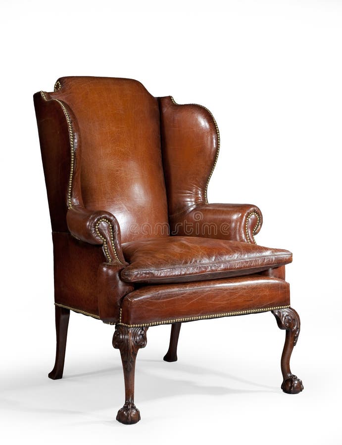 Antique Leather Wing Chair Carved Legs Isolated With Clip Path Stock