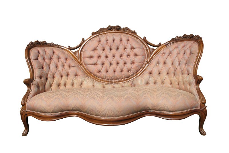 Antique luxury pink fabric sofa isolated.