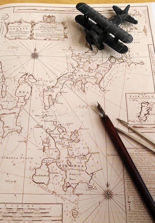 Antique map, biplane model. Adventure concept.