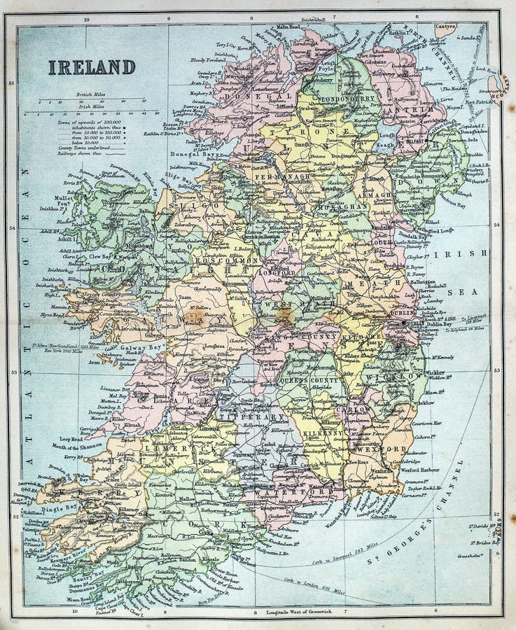 Victorian era map of Ireland originally published in 1881. Victorian era map of Ireland originally published in 1881