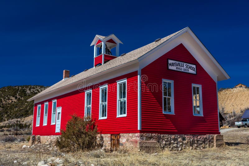 Antique Maysville School, Old Red Schoolhouse, 1882-1939, Caffee County, outside of Salida, Colorado royalty free stock photos Antique Maysville School, Old Red Schoolhouse, 1882-1939, Caffee County, outside of Salida, Colorado royalty free stock photos