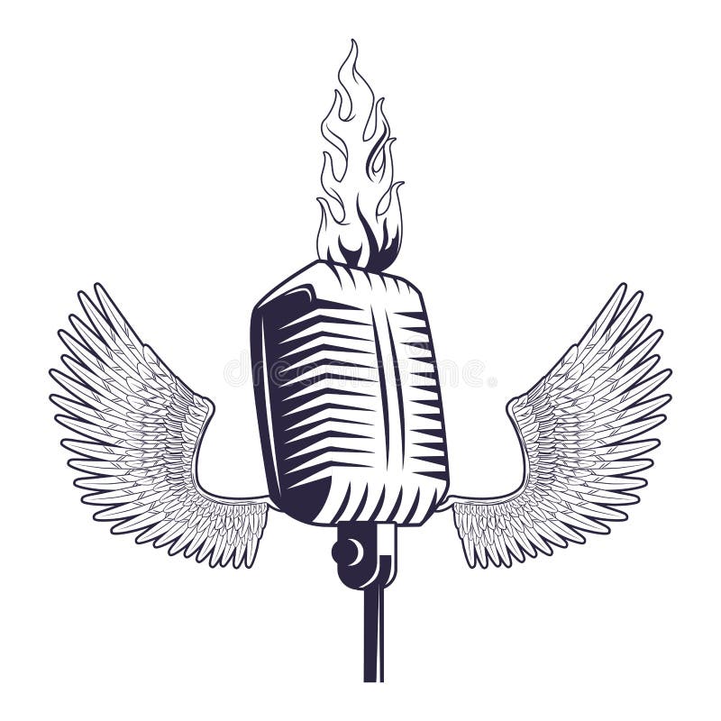 Premium Vector  Vintage microphone with wings and ribbon in tattoo style  text is on the separate group