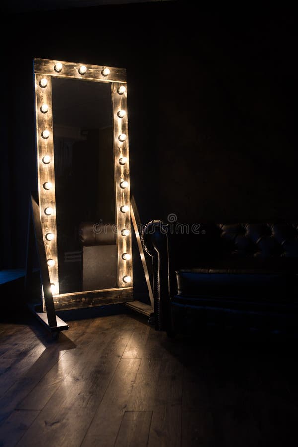 Antique Mirror with Lamps Close Up on Black Background Stock Photo - Image  of dark, long: 191907292
