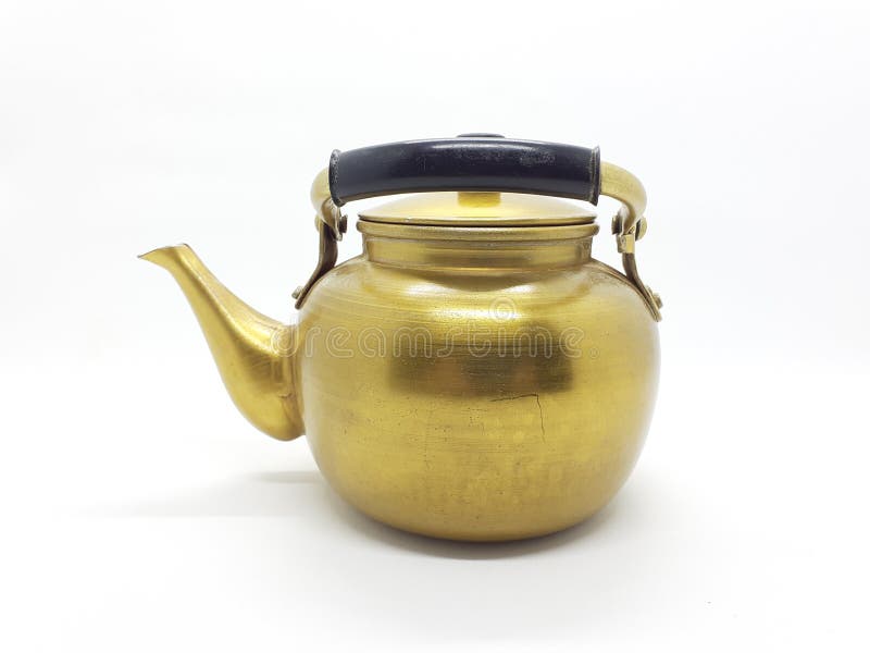Antique Old Vintage Used Rusty Golden Color Cooking Kettle for Tea Pot in White Isolated Background 01