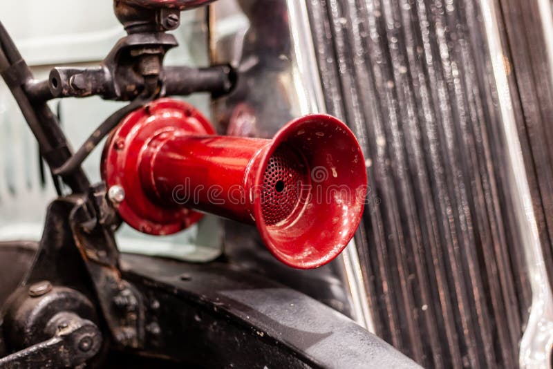 Antique Red Car Horn on Front of Old Car Stock Photo Image of close