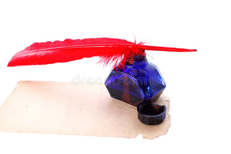 Antique red pen and inkwell stock photos
