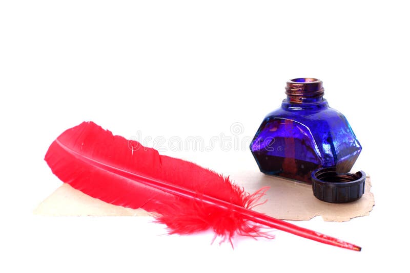 Antique red pen and inkwell stock image