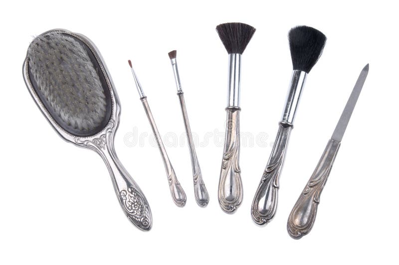 Antique Retro Makeup Brush Set and Mirror Stock Image Image of