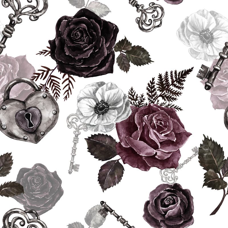 Victorian Gothic Style Seamless Pattern with Watercolor Red, Black and  Burgundy Roses, Vintage Key, Butterfly on White Background Stock  Illustration - Illustration of purple, padlock: 197768156