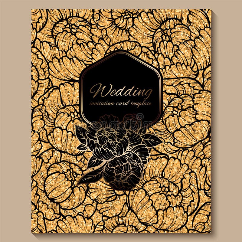 Antique Royal Luxury Wedding Invitation Card Golden Glitter Background  With Frame And Place For Text Black Lacy Foliage Made Of Roses Or Peonies   Royalty Free SVG Cliparts Vectors And Stock Illustration