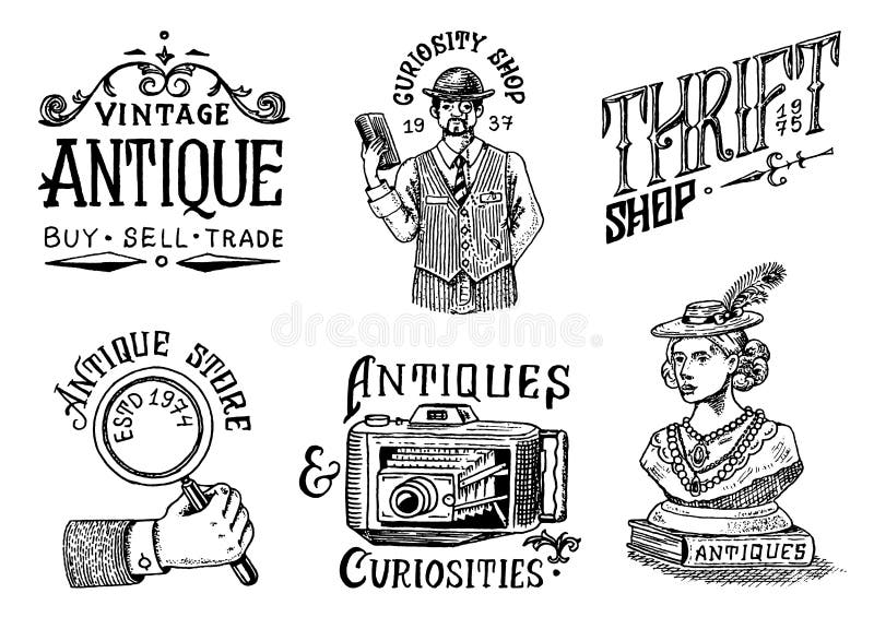 Antique Shop Labels or Badges. Vintage Woman Sculpture, Camera and ...