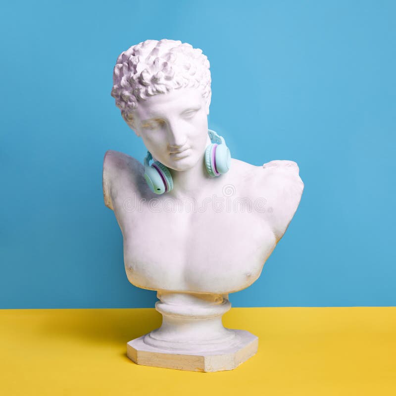 Plaster Bust of a Graceful Aphrodite with Huge Blue Audio Wireless  Headphones Looking at a Black Vinyl Record. Stock Image - Image of bust,  collection: 278539763