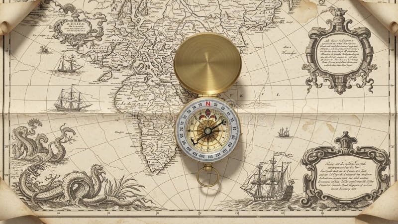 An antique style map features intricate illustrations of sea creatures and royalty free illustration