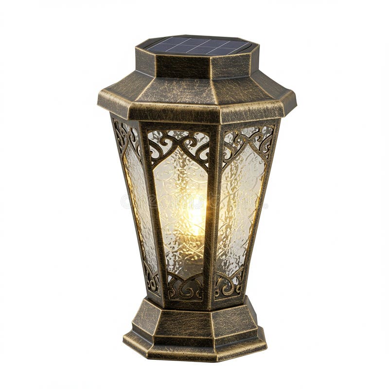 Antique-style solar lantern with an octagonal shape. Bronze-colored metallic frame wit stock illustration