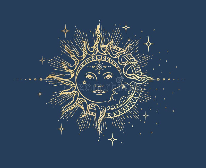 Antique Style Sun and Crescent Moon. Boho Chic Tattoo Design Vector  Illustration Stock Vector - Illustration of occult, stars: 215968255