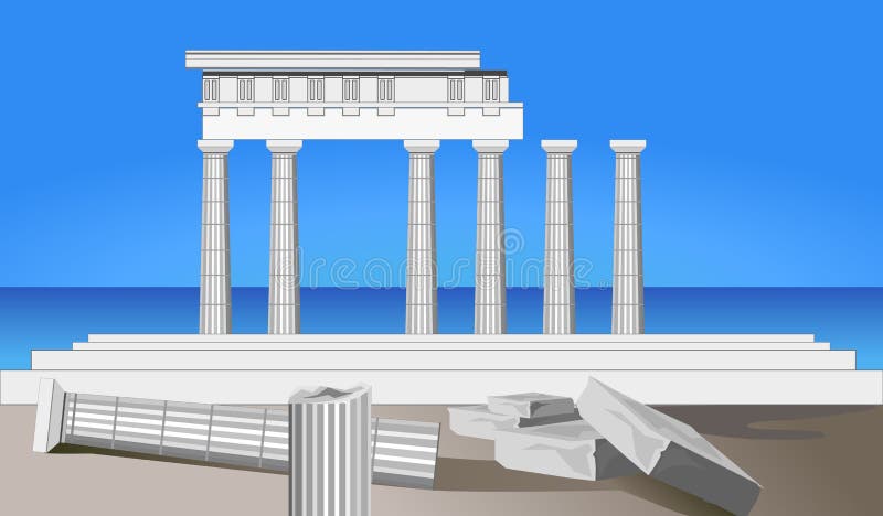 Illustration of antique temple ruins and mediterranean sea