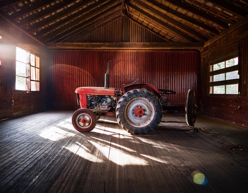 An antique tractor sitting idle in a barn with rays of light streaming through the slats royalty free illustration
