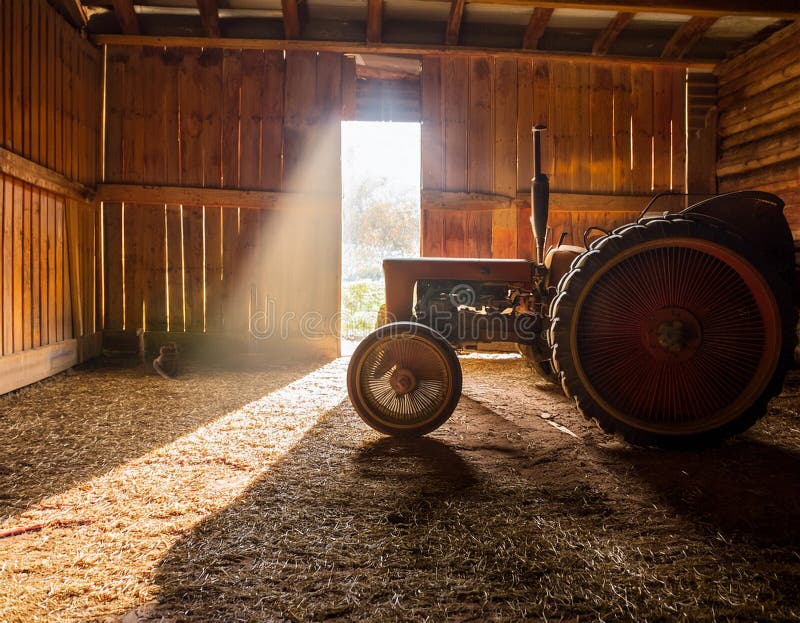 An antique tractor sitting idle in a barn with rays of light streaming through the slats stock illustration