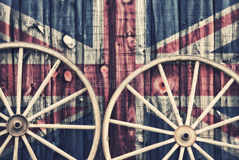 Antique Wagon Wheels with UK flag stock photo Antique Wagon Wheels with UK flag stock photo