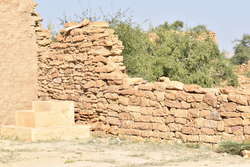 Kuldhara Village, Rajasthan, India. Antique Wall Made by Stone. Stock