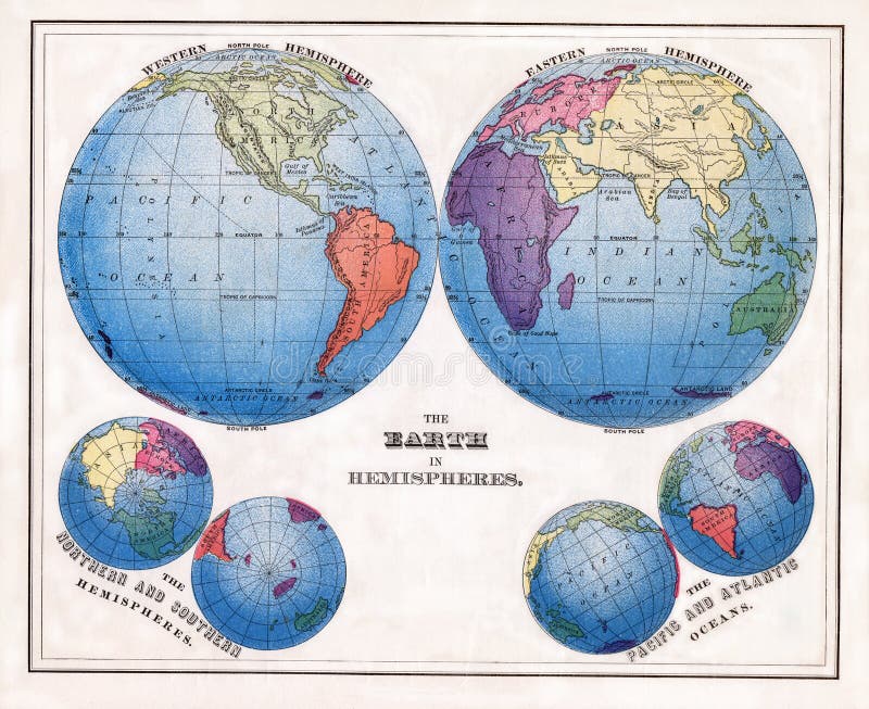 1874 Antique Warren Print of the World in Hemispheres with Polar Projections
