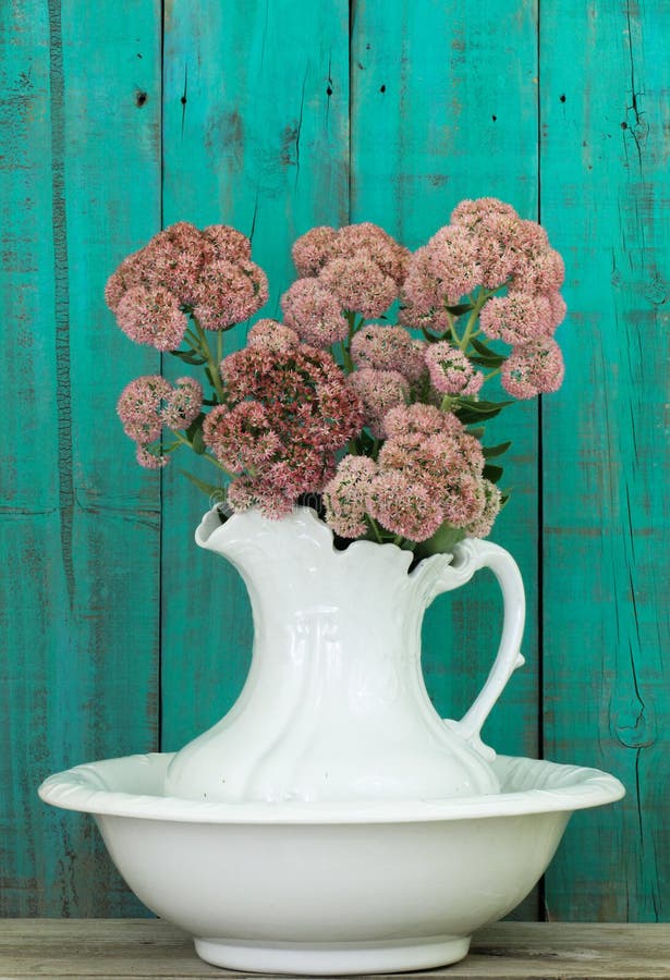 Antique Water Pitcher And Basin With Flowers By Rustic ...