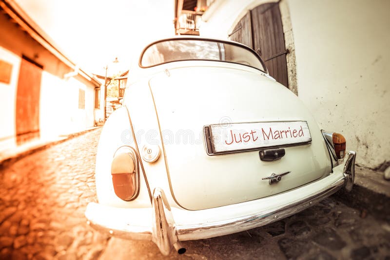 Just Married Sign Attached On Car's Trunk Stock Photo, Royalty-Free